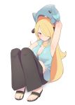  1girl bare_arms black_footwear black_pants blonde_hair blush breasts cleavage closed_mouth commentary cynthia_(pokemon) eyelashes gen_4_pokemon gible grey_eyes hair_ornament hair_over_one_eye highres holding holding_pokemon long_hair looking_at_viewer maidforge on_head pants pokemon pokemon_(anime) pokemon_(creature) pokemon_bw_(anime) pokemon_on_head sandals smile toes 