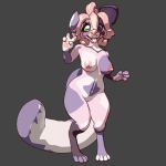  1:1 3d_(artwork) anthro breasts canid canine canis digital_media_(artwork) domestic_dog fay female floopy_ears fur grey_body grey_fur hair long_tail mammal nipples peace_symbol pink_hair solo spots spotted_body spotted_fur yvem 