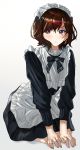 1girl absurdres alternate_costume apron blush brown_hair enmaided highres higuchi_madoka idolmaster idolmaster_shiny_colors kneeling legs looking_at_viewer maid maid_apron maid_dress maid_headdress pol_winner pout red_eyes seiza short_hair simple_background sitting solo 
