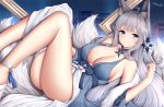  1girl ahoge animal_ear_fluff animal_ears ass azur_lane bare_legs bare_shoulders blue_dress blue_eyes breasts cleavage dress feather_boa fox_ears fox_girl fox_tail hair_ornament highres kitsune large_breasts large_tail long_hair looking_at_viewer multiple_tails reclining shinano_(azur_lane) shinano_(light_of_the_hazy_moon)_(azur_lane) silver_hair sleeveless sleeveless_dress solo tail thighs wsman 