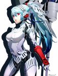  1girl android blue_hair breasts cowboy_shot datcravat eyebrows_visible_through_hair hair_between_eyes highres joints labrys_(persona) long_hair mechanical_arms mechanical_parts parted_lips persona persona_4:_the_ultimate_in_mayonaka_arena red_eyes robot robot_joints simple_background solo standing twitter_username very_long_hair white_background 