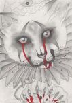  black_and_white_and_red blood bodily_fluids claws clown domestic_cat fangs felid feline felis feral frilled_clothing graphite_(artwork) help_with_tags hi_res macabre makeup mammal mouse murid murine pencil_(artwork) rodent traditional_media_(artwork) unknown_artist whiskers 