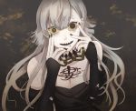  1girl :&gt; bite_mark black_nails breasts chain dripping_eye ear_piercing eva_(vocaloid) eyebrow_piercing lip_piercing long_hair long_sleeves looking_at_viewer medium_breasts messy_hair piercing shirt smile tattoo torn_clothes torn_shirt vocaloid yellow_eyes 