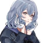  1girl absurdres alternate_hair_length alternate_hairstyle black_neckwear blue_hair blue_sailor_collar curly_hair gloves gotland_(kantai_collection) half_gloves hands_on_own_face highres kantai_collection knek long_hair looking_at_viewer military military_uniform mole mole_under_eye neckerchief sailor_collar short_hair simple_background solo uniform upper_body white_background 