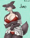  2020 anthro beastars big_breasts bra breasts brown_body brown_fur bustuhwolf canid canine canis cleavage clothed clothing countershade_face countershade_torso countershading digital_media_(artwork) female fur hi_res juno_(beastars) looking_at_viewer mammal nipple_outline open_mouth panties red_bra red_clothing red_panties red_underwear shirt shirt_down smile solo teeth topwear underwear undressing white_clothing white_shirt white_topwear wolf 