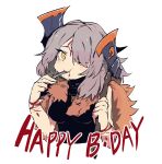  1girl axe axehorn_(ssambatea) borrowed_character ddari eating english_text grey_hair hair_over_one_eye happy_birthday highres holding looking_at_viewer one_eye_covered original pelt simple_background solo tears white_background yellow_eyes 