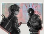  2boys amamiya_ren backpack bag cat cellphone collar crossover fingerless_gloves glasses gloves handbag hood hoodie miles_morales monochrome morgana_(persona_5) multiple_boys persona persona_5 phone spider-cat spider-man spider-man:_miles_morales spider-man_(miles_morales) spider-man_(series) spot_color stephanie_sybydlo trait_connection twitter_username 