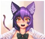  1girl :d animal_ear_fluff animal_ears artist_name bangs black_bow black_neckwear blush bow bowtie cat_ears cat_girl cat_tail cheshire_cat_(monster_girl_encyclopedia) collarbone commentary eyebrows_visible_through_hair eyes_visible_through_hair facial_mark hair_between_eyes happy highres long_hair long_sleeves looking_at_viewer monster_girl_encyclopedia multicolored_hair nose_blush open_clothes open_mouth open_shirt orange_eyes portrait purple_hair shirt simple_background smile solo striped_tail symbol_commentary tail two-tone_hair upper_teeth white_shirt wing_collar wlper 