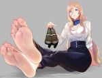 1girl arm_support barefoot blonde_hair blue_eyes blue_pants blue_scarf commentary denim feet greek_toe hair_between_eyes high-waist_pants highres hizagawa_rau holding holding_shoes jeans kantai_collection long_hair mole mole_under_eye mole_under_mouth no_socks pants pov_feet richelieu_(kantai_collection) scarf shirt shoes shoes_removed simple_background sitting soles solo white_shirt 