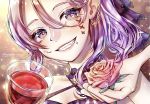  alcohol artist_name close-up cup drink drinking_glass fang fangs flower highres holding holding_drink holding_flower looking_at_viewer mymero original pink_flower pink_rose ponytail purple_eyes purple_hair purple_theme rose smile vampire wine wine_glass 