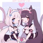  2girls :3 animal_ears apron artist_name bangs bell black_dress blue_background blue_eyes blue_neckwear blunt_bangs blush border bow bowtie breasts brown_eyes brown_hair cat_ears cat_girl cat_tail character_name chocola_(nekopara) chromatic_aberration clarevoir cleavage cleavage_cutout clothing_cutout commentary copyright_name dress english_commentary english_text hair_tie happy heart heart_hands heart_hands_duo highres jingle_bell jpeg_artifacts long_hair looking_at_viewer maid maid_headdress medium_breasts multiple_girls neck_bell nekopara one_eye_closed open_mouth outside_border pink_neckwear ponytail puffy_short_sleeves puffy_sleeves shiny shiny_hair short_sleeves sidelocks simple_background smile standing symmetry tail tied_hair translated twintails twitter_username valentine vanilla_(nekopara) very_long_hair watermark white_border white_hair wristband 