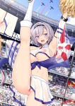  1girl armpits azur_lane bangs bare_shoulders blush breasts cheerleader covered_nipples crop_top eyebrows_visible_through_hair hair_between_eyes hairband highres large_breasts leg_lift leg_up looking_at_viewer navel open_mouth pom_poms ppshex purple_eyes pussy pussy_juice reno_(azur_lane) reno_(biggest_little_cheerleader)_(azur_lane) see-through sheer_clothes shiny shiny_skin short_hair silver_hair sleeveless smile split standing standing_on_one_leg standing_split sweat thighs uncensored underboob 