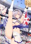  1girl azur_lane bangs bare_shoulders blush breasts cheerleader highres large_breasts leg_lift leg_up looking_at_viewer navel ppshex purple_eyes reno_(azur_lane) reno_(biggest_little_cheerleader)_(azur_lane) sheer_clothes short_hair silver_hair smile split standing standing_on_one_leg standing_split thighs underboob 