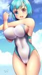  1girl artist_name blue_eyes blue_hair blue_sky breasts cloud commentary_request competition_swimsuit covered_navel dated heterochromia highleg highleg_swimsuit kawatare large_breasts looking_at_viewer one-piece_swimsuit red_eyes short_hair sky smile solo standing stretch swimsuit tatara_kogasa touhou white_swimsuit 