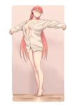  1girl akashi_(kantai_collection) alternate_costume bangs blush breasts commentary eyebrows_visible_through_hair full_body green_eyes hair_ribbon highres kantai_collection legs long_hair long_sleeves looking_at_viewer no_bra outstretched_arms panties pink_hair ribbon simple_background solo standing sweater symbol_commentary tiptoes tress_ribbon underwear very_long_hair white_background yuuji_(and) 