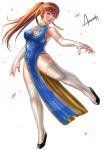  1girl amasaki_yusuke artist_name bangs brown_eyes brown_hair cherry_blossoms china_dress chinese_clothes dead_or_alive dead_or_alive_6 dress highres kasumi_(doa) ponytail solo standing standing_on_one_leg white_background 