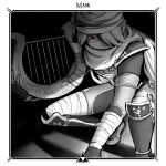  bandaged_arm bandaged_leg bandages border english_commentary english_text hair_over_one_eye harp instrument maskedgolem monochrome pointy_ears red_eyes sheik sheikah spot_color surcoat the_legend_of_zelda the_legend_of_zelda:_ocarina_of_time 