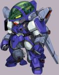  1boy aoki_ryuusei_spt_layzner chibi clenched_hands grey_background highres layzner looking_ahead mecha munya_(otikamohe) pilot_suit sitting standing yellow_eyes 