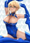  1girl ahoge areola_slip areolae armpits arms_up artoria_pendragon_(all) artoria_pendragon_(lancer) blonde_hair blue_gloves blue_legwear blue_leotard blush breasts cleavage commentary_request elbow_gloves fate/grand_order fate_(series) gloves green_eyes highres large_breasts leotard long_hair shiny shiny_skin sidelocks solo thighhighs yamaneko_(tkdrumsco) yoga 