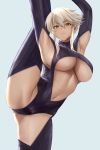  1girl armpits arms_up artoria_pendragon_(all) artoria_pendragon_(lancer_alter) bangs black_bodysuit bodysuit braid breasts center_opening closed_mouth fate/grand_order fate_(series) french_braid highres large_breasts leg_lift leg_up long_hair looking_at_viewer revealing_clothes ribbed_bodysuit sidelocks split standing standing_on_one_leg standing_split underboob yamaneko_(tkdrumsco) yellow_eyes 