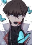  1boy absurdres bangs bee_duel black_bodysuit blue_butterfly blurry blurry_background bodysuit brown_hair bug butterfly collared_jacket empty_eyes face hair_between_eyes high_collar highres in_mouth insect jacket jewelry kaiba_seto lipstick looking_at_viewer makeup necklace red_lipstick shaded_face short_hair skindentation solo teeth tight two-tone_jacket white_jacket yu-gi-oh! yu-gi-oh!_duel_monsters 