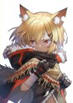  1girl animal_ear_fluff animal_ears arknights bandaged_arm bandages bangs black_cloak black_gloves blonde_hair cloak commentary_request ear_piercing eyebrows_visible_through_hair fang_necklace fingerless_gloves fox_ears fur-trimmed_cloak fur_trim gloves hair_between_eyes hair_ornament hairclip highres hood hood_down hooded_cloak jewelry looking_to_the_side mechanical_arm mitake_eil navel necklace notched_ear orange_eyes piercing poncho prosthesis prosthetic_arm short_hair sidelocks signature simple_background single_fingerless_glove solo standing upper_body vermeil_(arknights) white_background 