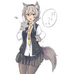  1girl animal_ears asymmetrical_hair bangs cowboy_shot dog_ears dog_tail gloves highres kantai_collection long_hair necktie nowaki_(kantai_collection) open_mouth pantyhose paw_gloves paws pleated_skirt school_uniform short_hair_with_long_locks silver_eyes silver_hair skirt soldier11 solo swept_bangs tail vest yellow_neckwear 