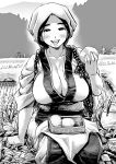  1girl blush breasts cleavage commentary_request field food freckles gesogeso greyscale highres japanese_clothes kimono large_breasts looking_at_viewer monochrome obentou onigiri open_mouth original outdoors seiza sitting tasuki white_headwear 