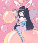  1girl animal_ears bangs bare_shoulders black_hair blue_eyes blush bodysuit breasts bubble bubble_blowing bubble_print bunny_ears clarevoir cleavage commentary english_commentary eyebrows_visible_through_hair frills hand_up holding large_breasts legs_together long_hair looking_at_viewer off_shoulder open_mouth original pink_background rabbit_girl shiny shiny_hair shiny_skin sidelocks simple_background sitting solo striped swept_bangs translation_request 