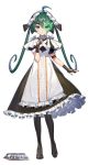  1girl ahoge ainy77 blue_eyes chojo:_crypto_girls_arena commentary_request dress fingerless_gloves full_body gloves green_hair hair_between_eyes highres long_hair looking_at_viewer maid monocle official_art short_sleeves simple_background solo standing twintails white_background 