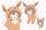  &gt;_&lt; 1girl bangs blush blush_stickers brown_eyes brown_hair checkered checkered_background closed_eyes commentary_request cosplay eevee eevee_(cosplay) eyelashes gen_1_pokemon hands_up heart holding holding_poke_ball hood hood_up kigurumi mitarashi_neko_(aamr7853) multiple_views open_mouth paw_pose poke_ball poke_ball_(basic) poke_kid_(pokemon) pokemon pokemon_(game) pokemon_swsh smile translation_request 