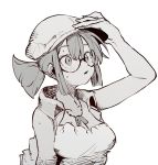  1girl bare_shoulders breasts cleavage commentary ddari dog_tags fio_germi greyscale hand_up hat highres metal_slug monochrome parted_lips ponytail round_eyewear simple_background solo sweat upper_body white_background 