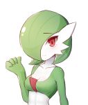  breasts cleavage closed_mouth collarbone commentary_request gardevoir gen_3_pokemon hand_up highres korean_commentary looking_at_viewer ohpe pokemon pokemon_(creature) red_eyes shiny shiny_skin smile upper_body white_background white_skin 