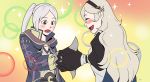  2girls absurdres armor cape corrin_(fire_emblem) corrin_(fire_emblem)_(female) english_text fire_emblem fire_emblem_awakening fire_emblem_fates francisco_mon gloves hair_between_eyes hairband highres hood long_hair long_sleeves multiple_girls nichijou open_mouth parody pointy_ears red_eyes robe robin_(fire_emblem) robin_(fire_emblem)_(female) rock_paper_scissors short_hair smile twintails white_hair 