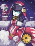  1boy 1girl bag dia_(world_flipper) edobox hat holding holding_bag humanoid_robot looking_at_another looking_to_the_side metal_skin no_humans open_mouth regis robot santa_costume santa_hat world_flipper 