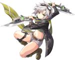  1girl ahoge belt black_jacket boots crop_top dagger dual_wielding eiyuu_densetsu fie_claussell full_body goggles goggles_on_head green_eyes green_shirt gunblade holding holding_weapon jacket kneehighs leg_belt long_sleeves looking_at_viewer midriff navel official_art open_clothes open_jacket reverse_grip ribbed_shirt scarf sen_no_kiseki shirt short_hair short_shorts shorts solo stomach striped striped_legwear thighs transparent_background weapon white_hair white_shorts 