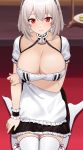  1girl absurdres anchor_choker apron arms_behind_back azur_lane bangs black_hairband black_skirt blush breast_hold breasts choker cleavage closed_mouth collarbone commentary_request dress frills hair_between_eyes hairband highres large_breasts looking_at_viewer open_mouth red_eyes sakamotono short_hair short_sleeves sirius_(azur_lane) sitting skirt smile solo thighhighs thighs wariza white_dress white_hair white_legwear 