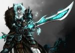  anthro armor blue_eyes breasts clothed clothing detailed_background felid female fur hair holding_object holding_weapon link2004 lion mammal melee_weapon pantherine solo sword weapon white_body white_fur white_hair 