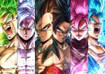  6+boys absurdres aura black_hair blank_eyes blue_eyes blue_hair broly_(dragon_ball_super) bruise dragon_ball dragon_ball_gt dragon_ball_super dragon_ball_super_broly dual_persona earrings fur gokuu_black green_hair grey_eyes highres injury jewelry looking_at_viewer male_focus multiple_boys muscle open_mouth pectorals pink_hair potara_earrings scar serious silver_hair smile son_gokuu sumutemu super_saiyan super_saiyan_4 super_saiyan_blue super_saiyan_full_power super_saiyan_rose ultra_instinct vegeta vegetto yellow_eyes 