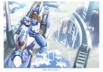  1boy android building capcom cloud fujino_yuuki green_eyes ground_vehicle helmet motor_vehicle motorcycle outdoors puddle reflection ripples rockman rockman_x sample sitting sky solo water x_(rockman) 