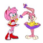  1:1 3_toes amy_rose anthro babs_bunny barefoot clothed clothing crossover di-dash dress duo eulipotyphlan female female/female fur hedgehog hi_res lagomorph leporid long_ears mammal pink_body pink_fur rabbit skirt_pull sonic_the_hedgehog_(series) tiny_toon_adventures toes video_games warner_brothers 