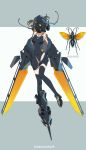 1girl antennae black_footwear black_jacket black_legwear black_swimsuit brown_hair full_body insect_request jacket mecha_musume off-shoulder_jacket one-piece_swimsuit original shoes short_twintails single_shoe solo swimsuit thighhighs twintails zenmaibook 