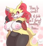  absurd_res anthro apron apron_only big_breasts breasts canid clothing curvy_figure delphox dialogue eyewear fangs female fur genitals glasses hi_res holding_object inner_ear_fluff inverted_nipples mammal mostly_nude multicolored_body multicolored_fur nintendo nipples open_mouth pok&eacute;mon pok&eacute;mon_(species) pussy red_eyes slightly_chubby snackbunnii solo text tuft video_games voluptuous 