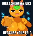  &lt;3 &lt;3_eyes animal_crossing anthro beverage big_breasts bodily_fluids breasts cassettedream cup domestic_cat english_text felid feline felis female gesture glass hi_res hybrid impact_(font) lactating leaking looking_at_viewer mammal nintendo nipples orange_juice pointing pointing_at_viewer smile smiling_at_viewer solo sweat tangy_(animal_crossing) text video_games 