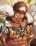  1boy abs bara bare_chest brown_hair chest close-up dark_skin dark_skinned_male face facial_hair goatee gozu_farm headband highres male_focus multicolored_hair muscle nipples pointy_ears revealing_clothes short_hair sideburns snake solo spiked_hair tangaroa tattoo tokyo_houkago_summoners tooth_necklace tribal_tattoo two-tone_hair white_hair yellow_eyes 