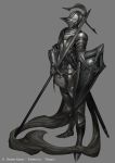  1other ambiguous_gender armor boots breastplate covered_face faulds full_armor full_body gauntlets grey_background grey_pants helmet holding holding_shield holding_sword holding_weapon km_yama margot metal_boots official_art pants shield shoulder_armor simple_background solo spaulders standing sword watermark weapon 