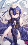  1girl ahoge black_legwear blush cape fate/grand_order fate_(series) fur_trim gloves grey_hair headpiece highres jeanne_d&#039;arc_(alter)_(fate) jeanne_d&#039;arc_(fate)_(all) katoroku looking_at_viewer loose_clothes no_shoes short_hair single_thighhigh sitting solo thighhighs yellow_eyes younger 