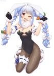  1girl ;d animal_ears arms_up bangs bare_shoulders black_gloves black_leotard blue_hair bow braid breasts bunny_ears carrot_hair_ornament detached_sleeves don-chan_(usada_pekora) eyebrows_visible_through_hair food_themed_hair_ornament full_body fur-trimmed_gloves fur_trim gloves groin hair_bow hair_ornament highres holding_ears hololive kneeling leotard long_hair looking_at_viewer mizunashi_(second_run) multicolored_hair one_eye_closed open_mouth puffy_short_sleeves puffy_sleeves red_eyes shadow short_eyebrows short_sleeves small_breasts smile strapless strapless_leotard thick_eyebrows twin_braids twintails two-tone_hair upper_teeth usada_pekora very_long_hair virtual_youtuber white_background white_bow white_hair white_sleeves 