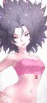  1girl absurdres amaguchi_chiyoko bandeau bare_shoulders black_eyes black_hair bottomless caulifla collarbone dragon_ball dragon_ball_super hands_on_hips highres navel no_panties no_pants out-of-frame_censoring pink_tubetop smile solo spiked_hair stomach 