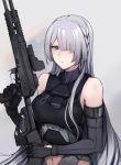  1girl absurdres ak-15_(girls_frontline) assault_rifle bangs bare_shoulders black_gloves braid closed_mouth clothing_cutout elbow_gloves girls_frontline gloves gun hair_over_one_eye highres holding holding_gun holding_weapon long_hair navel navel_cutout one_eye_covered purple_eyes rifle saiun_sigma shirt side_braid silver_hair sleeveless sleeveless_shirt tactical_clothes weapon 